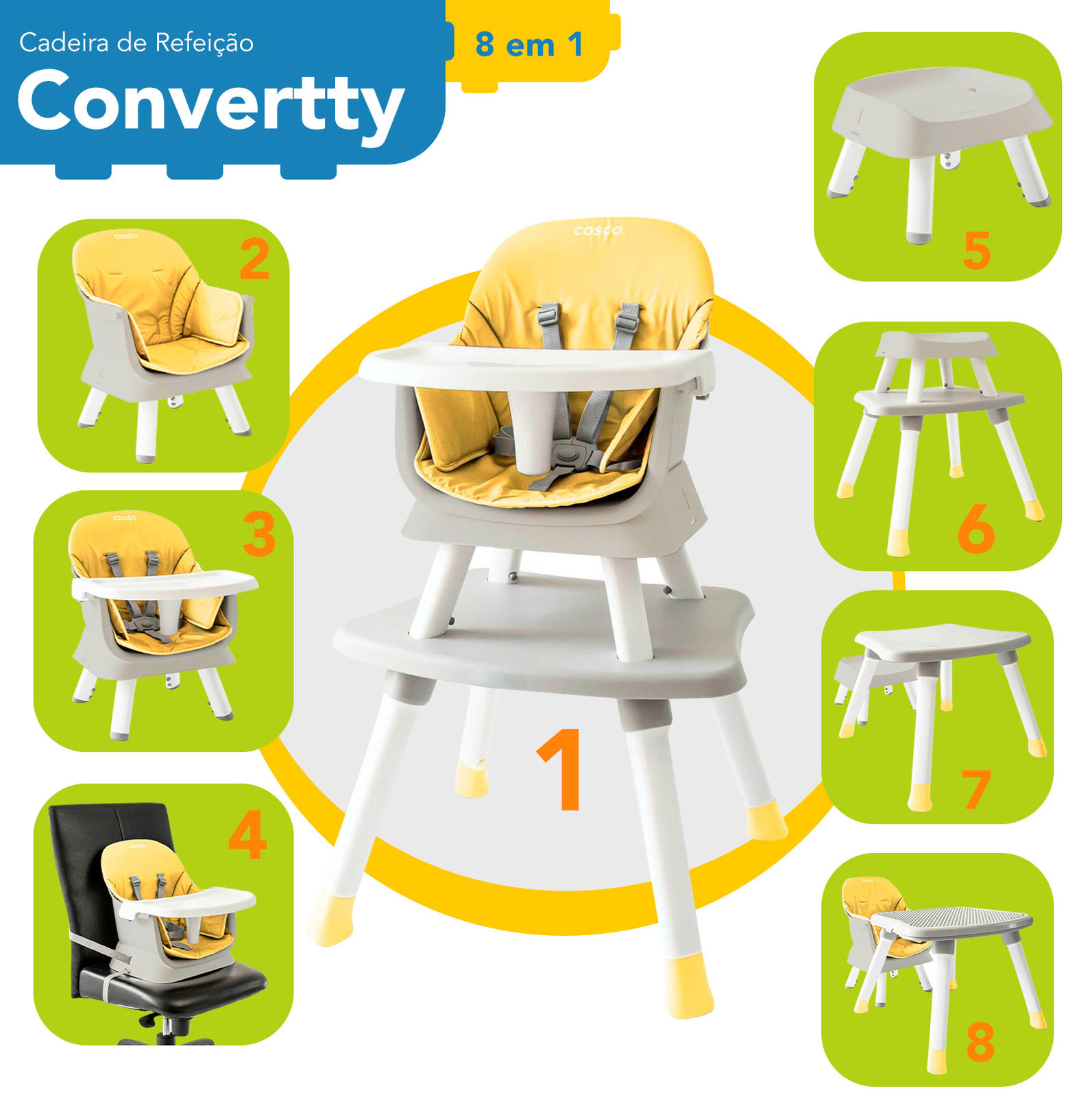 Cosco Kids | Cadeira de Refeição Convertty 8 em 1